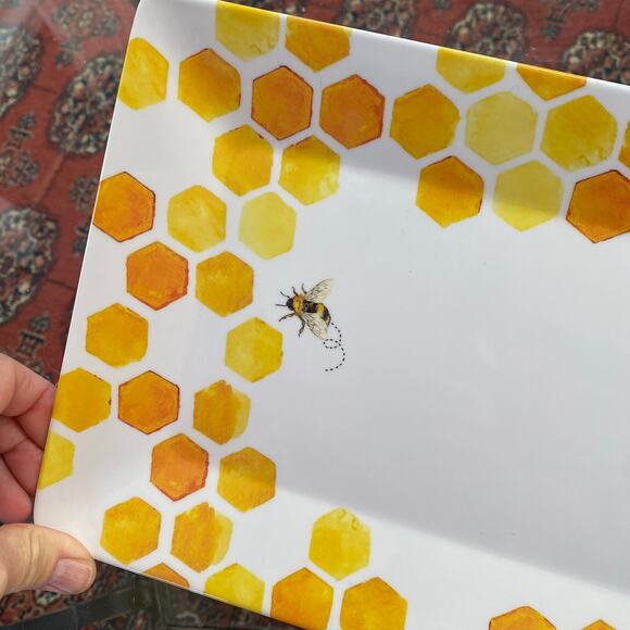 Shabby Chic “Bee Happy” Yellow & Gold on White Melamine Tray ~19”x8”‎ - Picture 3 of 5